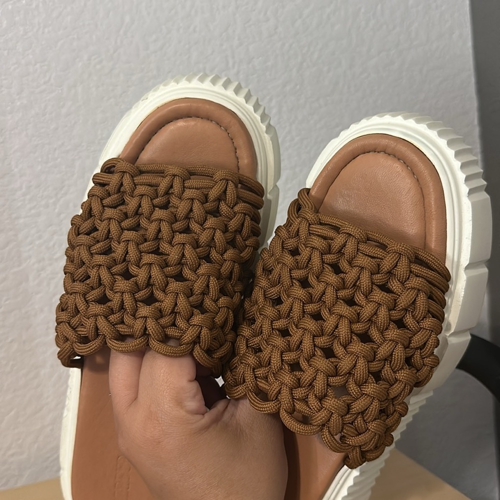Anthropologie Brown Woven Platform Slide Sandals with Cream Soles - Picture 5 of 6
